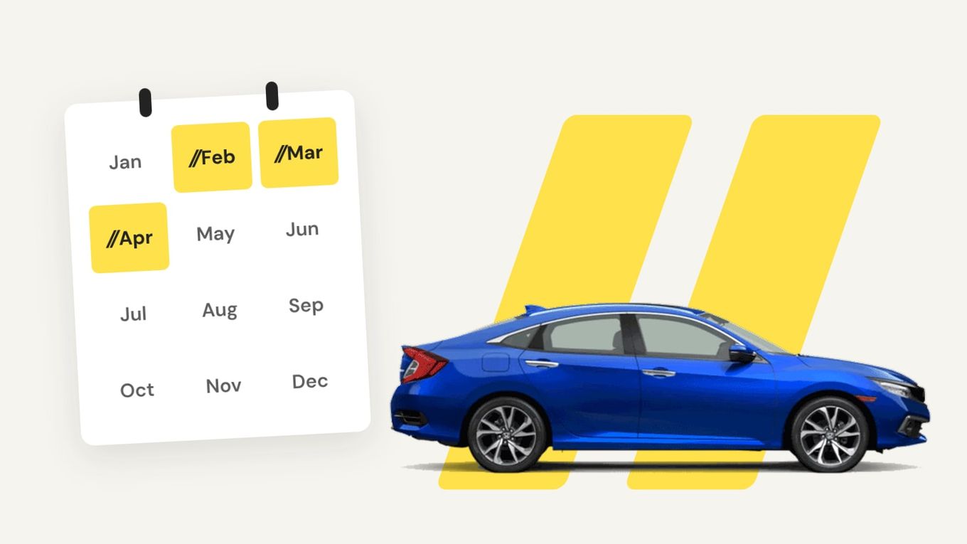 A wall calendar with February, March and April marked in yellow, beside a blue sedan on yellow express-lane stripes