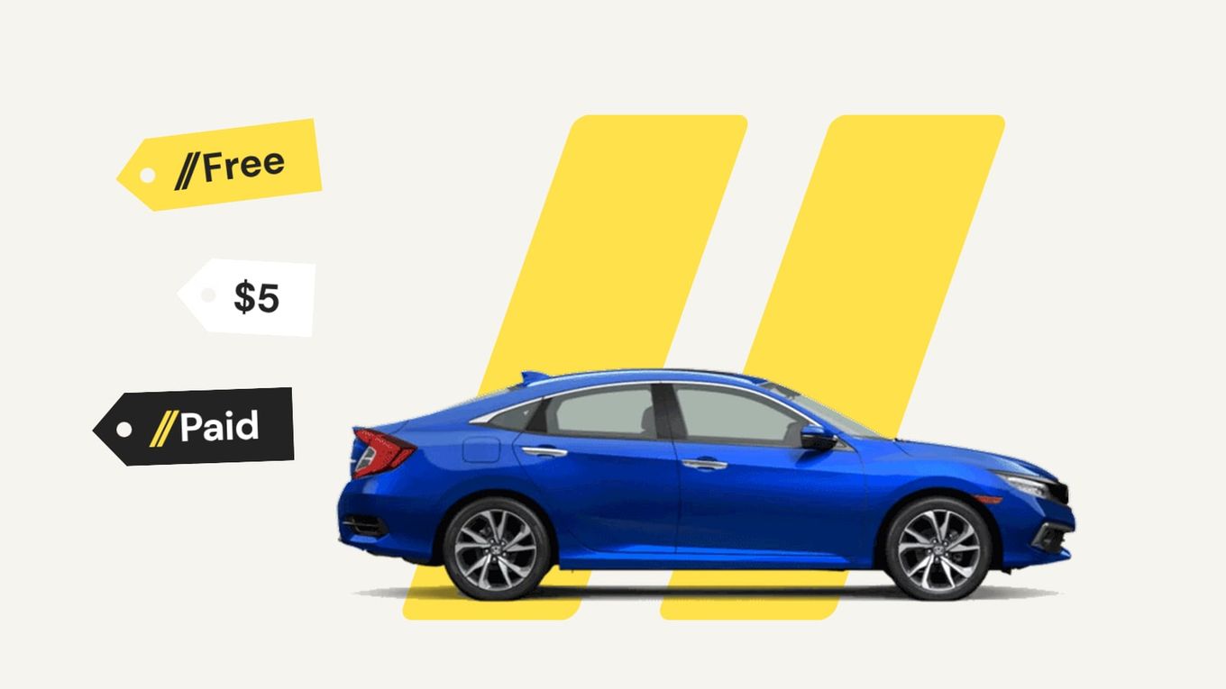 A blue sedan parked on yellow express-lane stripes, beside price tags that read Free, $5 and Paid