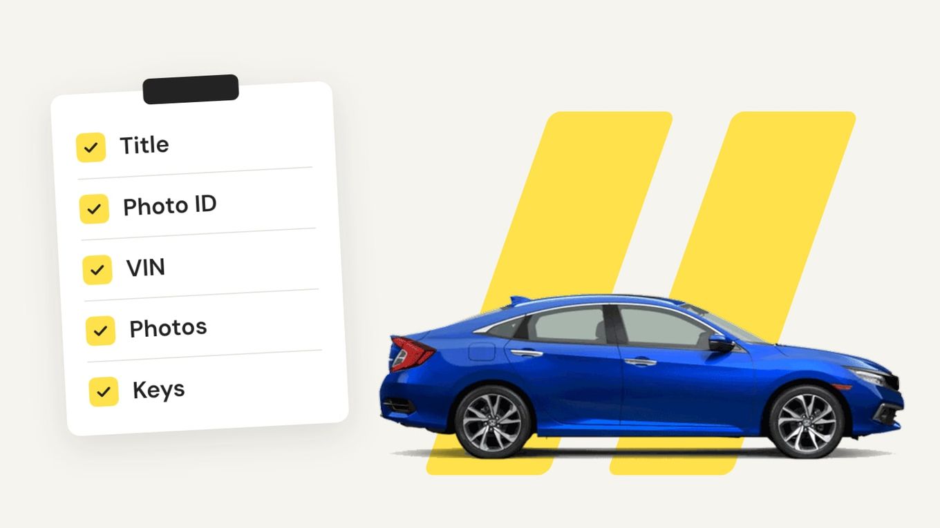 A clipboard checklist with Title, Photo ID, VIN, Photos and Keys ticked, beside a blue sedan on yellow express-lane stripes