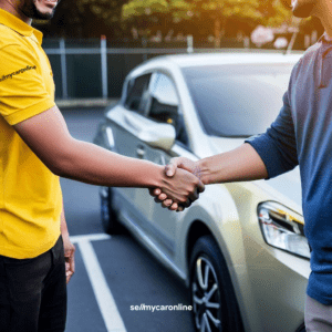 A car seller and a car buyer shaking hands to celebrate a successful car sale